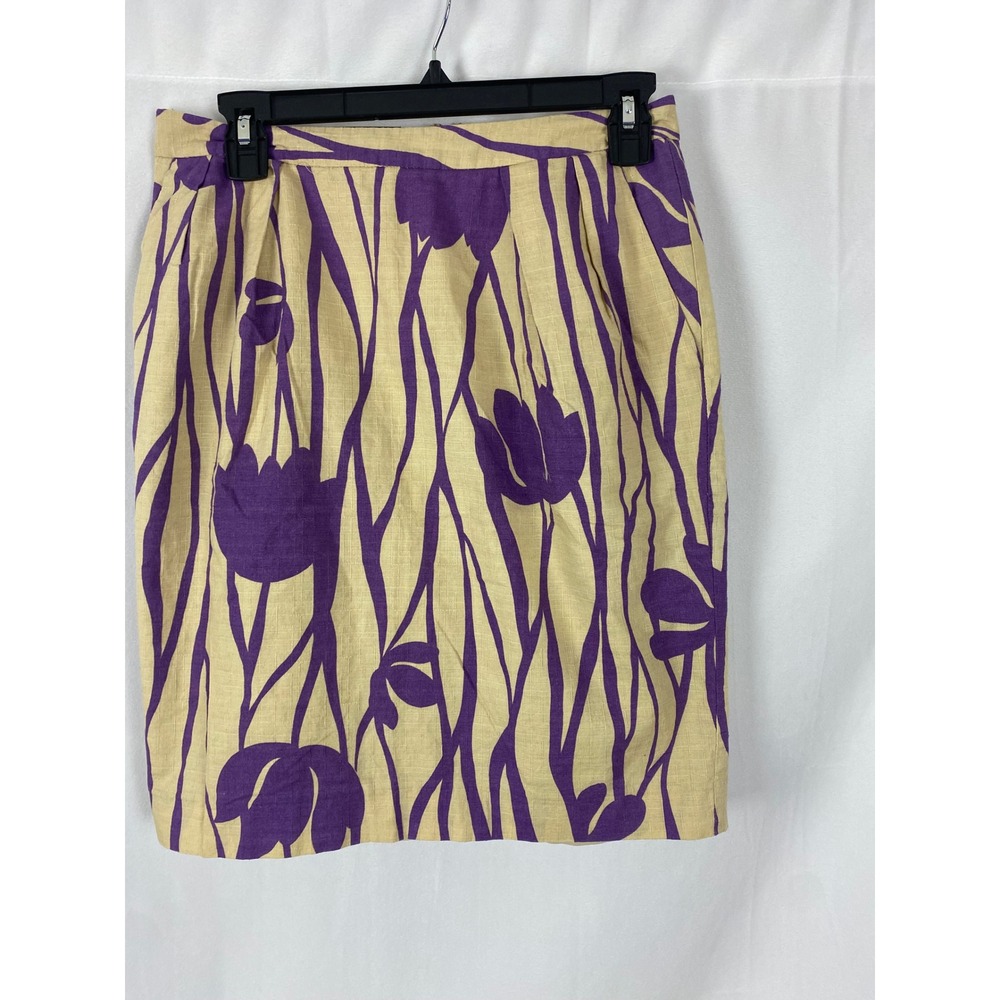 Attention Purple Floral 100% Cotton Pencil Skirt Beige Bloom Pattern Knee Length